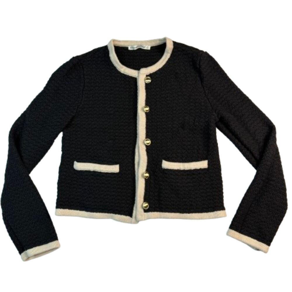 Abercrombie & Fitch Black Cream Knit Sweater Gold Button Preppy Cardigan Size S